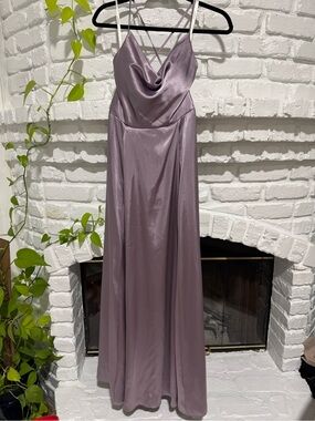 Satin Cowl Neck Spaghetti-Strap Maxi Dress in Dusty Lavender